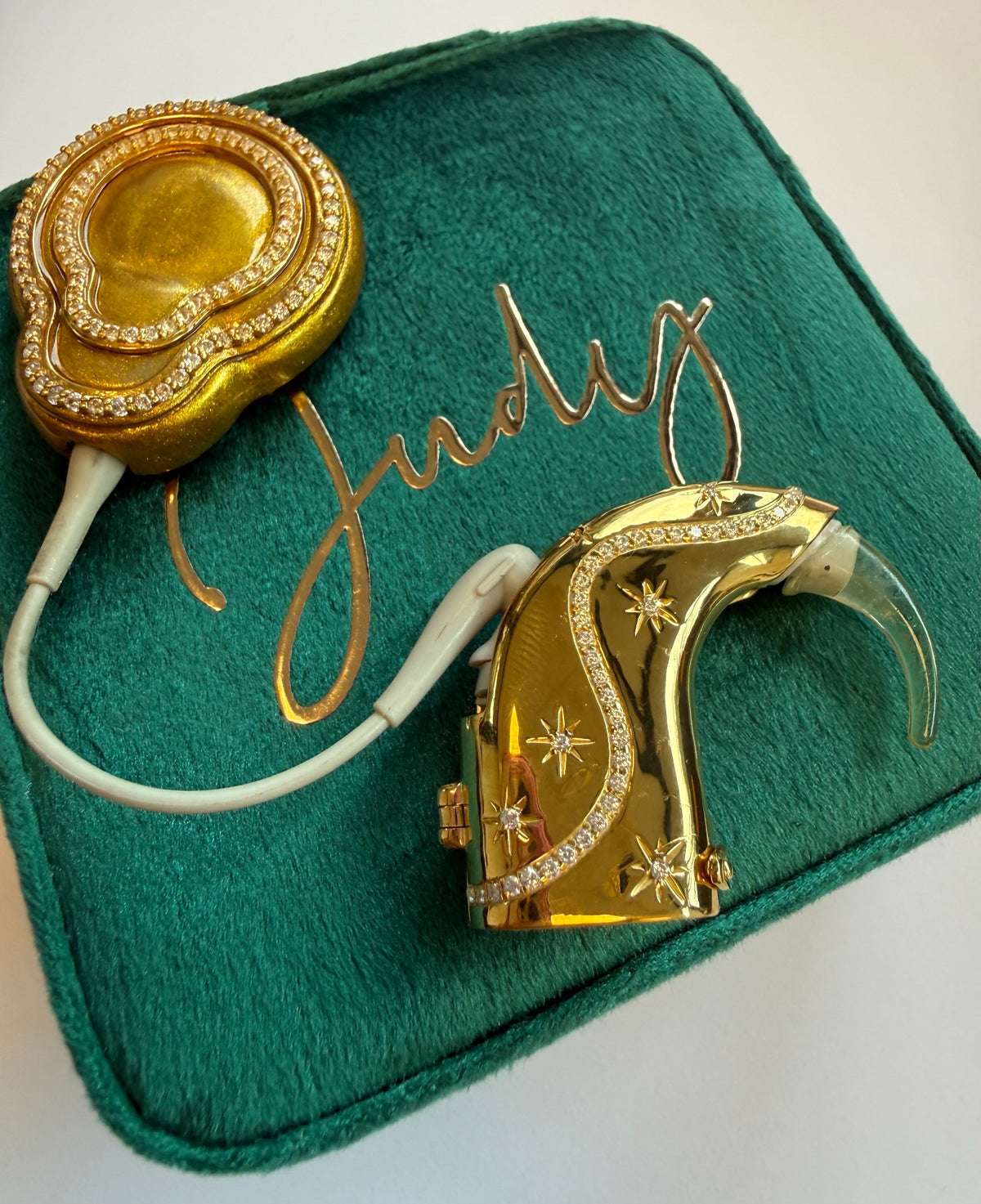 Afterglow cochlear processor and coil jewellery detail