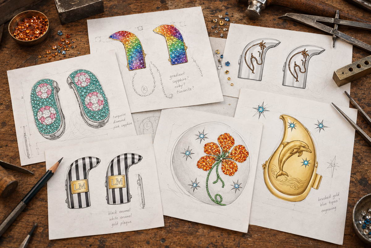 Hand-drawn bespoke hearing aid jewellery designs and gemstones laid out with jeweller's tools on a natural wooden workbench.