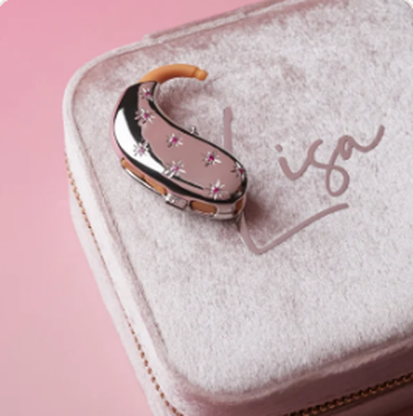 Lisa U. Constellation review — pink gemstone hearing aid cover on personalised Auzi velvet jewellery box