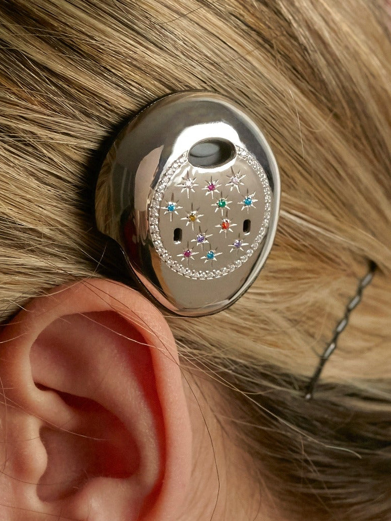 Osia Celeste silver Cochlear Osia 2 jewellery cover worn above the ear