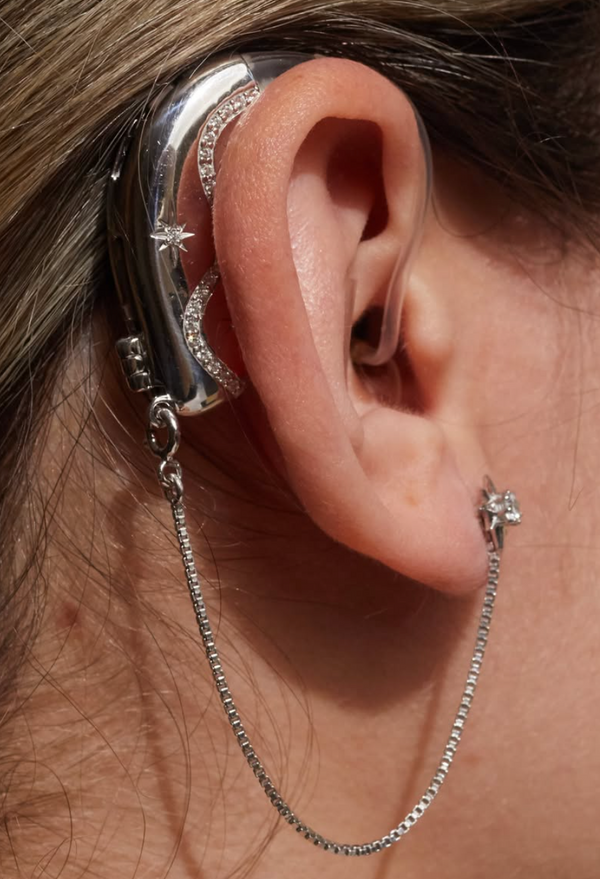 Silver Stardust hearing aid jewellery worn on ear